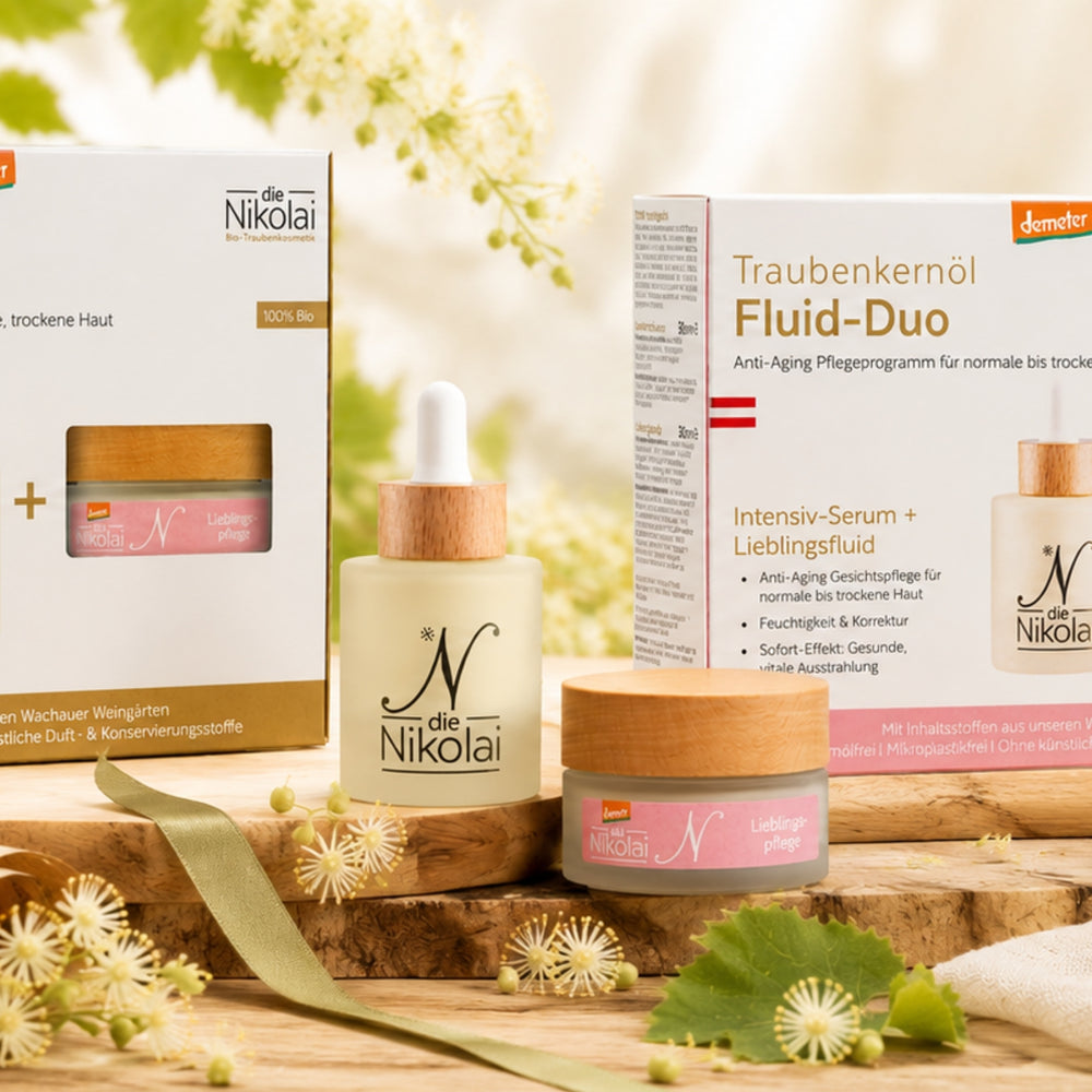 dieNikolai Traubenkernöl Fluid-Duo Set mit Intensiv-Serum und Lieblingspflege in Geschenkverpackung – Demeter Bio-Anti-Aging Pflege aus der Wachau