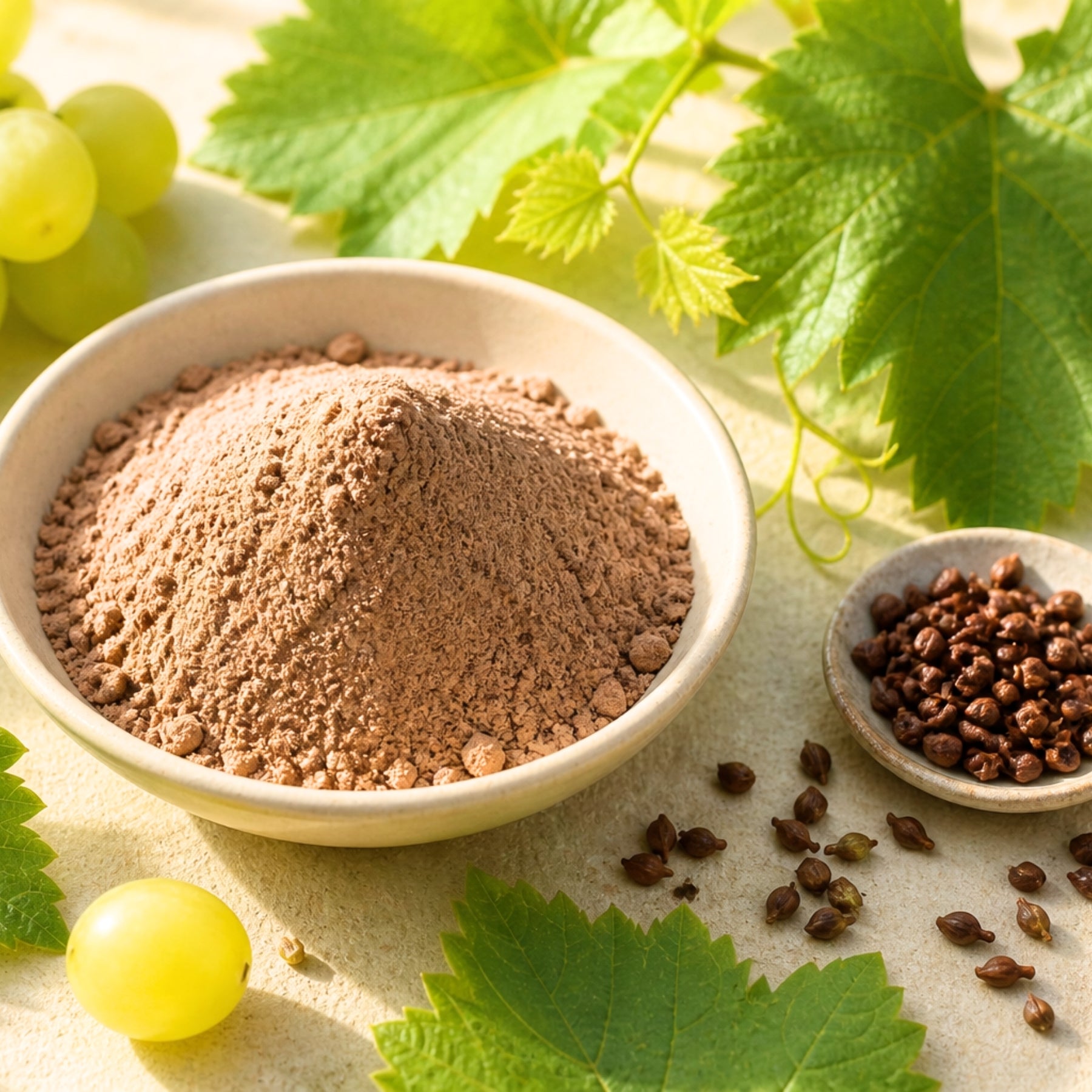 Schale mit fein gemahlenem dieNikolai Traubenkernmehl neben ganzen Traubenkernen, grünen Trauben und Weinlaub – wertvolles Superfood aus der Wachau, Demeter Bio-Qualität