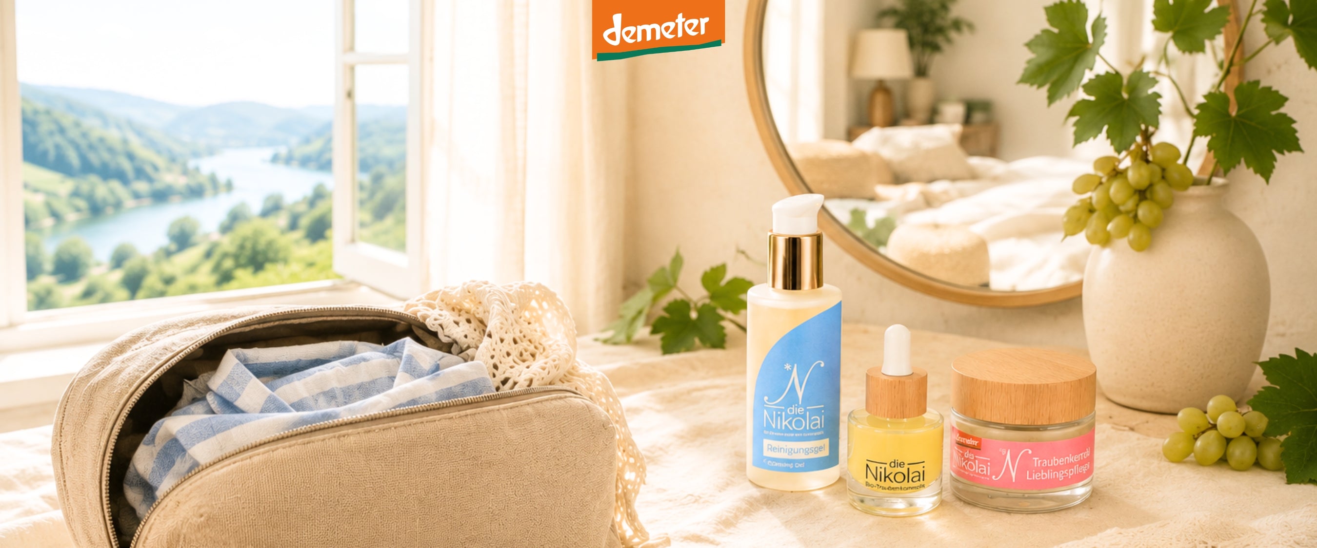 dieNikolai Reisepflegeset mit Reinigungsgel, Augen-Serum und Lieblingspflege vor offenem Fenster mit Donau-Ausblick – Demeter Bio-Traubenkosmetik aus der Wachau