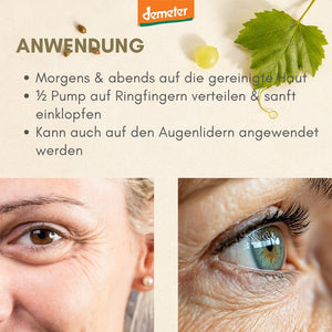 Anwendungs-Infografik mit Augenpartie-Closeups und Demeter-Logo – Augen-Serum-Routine mit dieNikolai Bio-Traubenkosmetik aus der Wachau