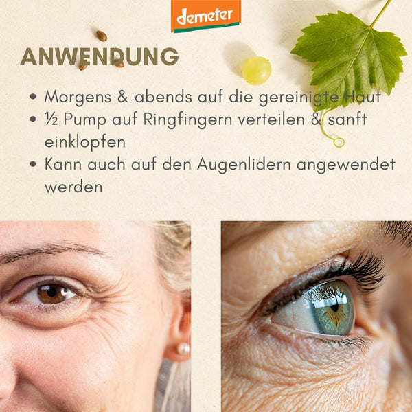 Anwendungs-Infografik mit Augenpartie-Closeups und Demeter-Logo – Augen-Serum-Routine mit dieNikolai Bio-Traubenkosmetik aus der Wachau