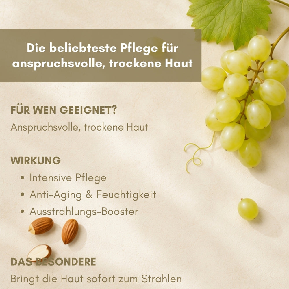 dieNikolai Traubenkernöl Lieblingspflege Tiegel mit Holzdeckel und Demeter-Karton mit Österreich-Fähnchen – Anti-Aging Bio-Traubenkosmetik für trockene Haut aus der Wachau
