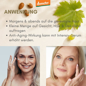 Anwendungs-Infografik dieNikolai Lieblingspflege mit zwei reifen Frauen, Mandeln und Weinblatt – Anti-Aging Gesichtspflege mit Demeter Bio-Traubenkosmetik aus der Wachau