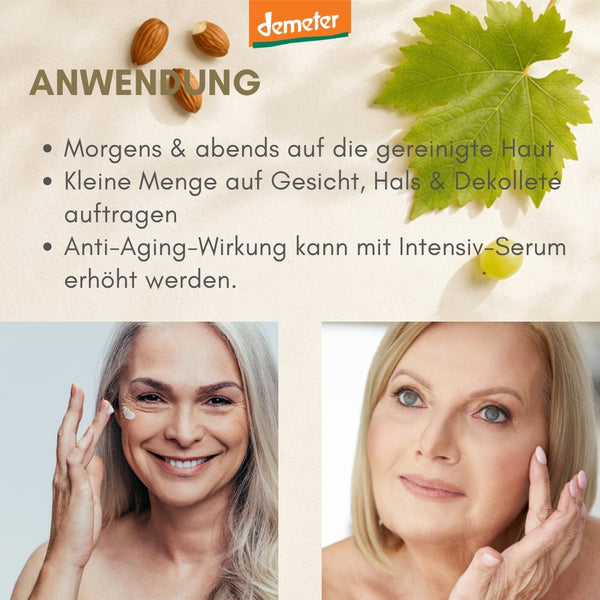 Anwendungs-Infografik dieNikolai Lieblingspflege mit zwei reifen Frauen, Mandeln und Weinblatt – Anti-Aging Gesichtspflege mit Demeter Bio-Traubenkosmetik aus der Wachau