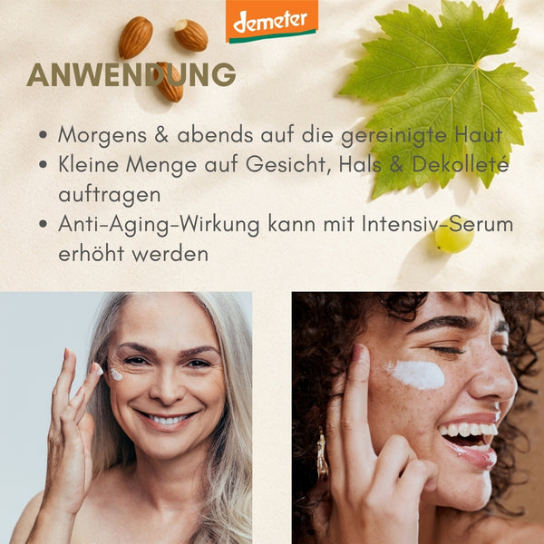 Anwendungs-Infografik dieNikolai Gesichtspflege mit zwei lachenden Frauen unterschiedlichen Alters – Anti-Aging-Wirkung, Demeter Bio-Traubenkosmetik aus der Wachau