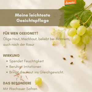 Produkt-Infografik der dieNikolai leichtesten Gesichtspflege mit Wachauer Safran und Demeter-Siegel – Lieblingsfluid für ölige Haut, Mischhaut und Männerpflege