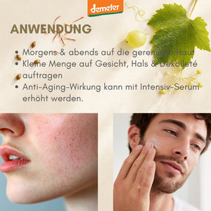 Anwendungs-Infografik mit Frau mit unreiner Haut und Mann beim Cremeauftrag, Demeter-Logo – Anwendung Anti-Aging Pflege der dieNikolai Bio-Traubenkosmetik