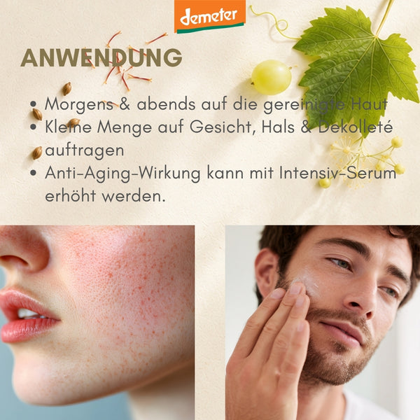 Anwendungs-Infografik mit Frau mit unreiner Haut und Mann beim Cremeauftrag, Demeter-Logo – Anwendung Anti-Aging Pflege der dieNikolai Bio-Traubenkosmetik