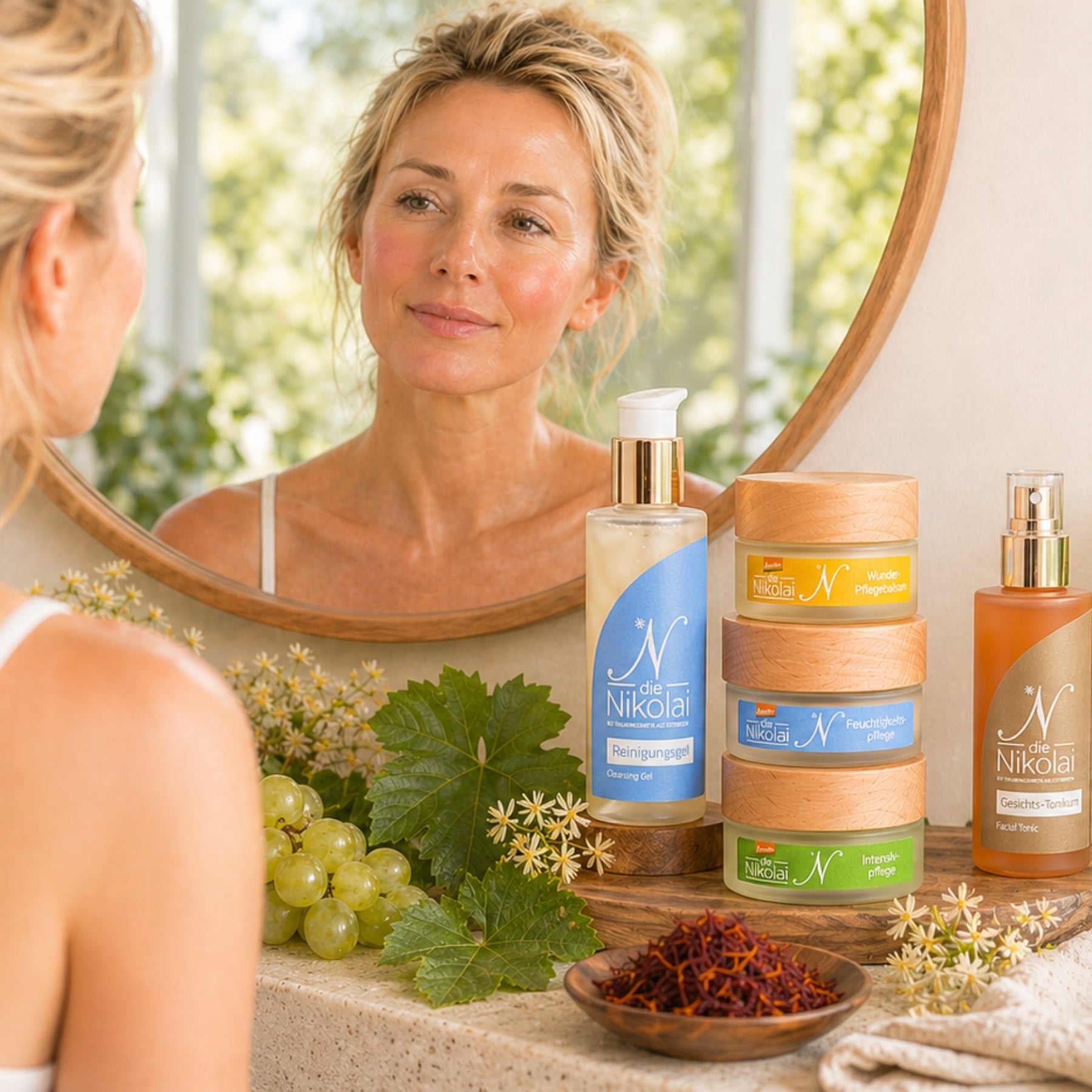 Frau vor Rundspiegel neben dieNikolai Reinigungsgel, Wunder-Pflegebalsam, Intensivpflege und Gesichts-Tonikum mit Safranfäden – Demeter Bio-Traubenkosmetik aus der Wachau