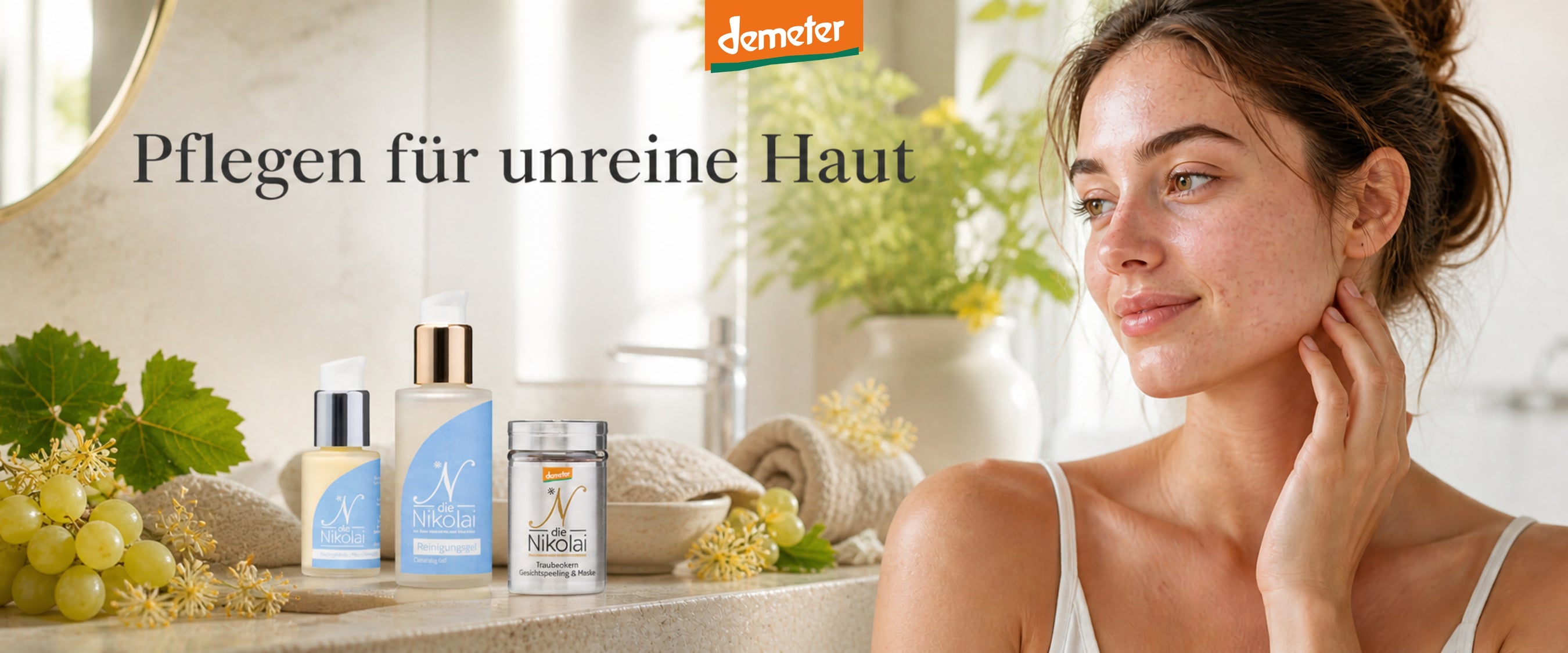 Lächelnde Frau im Bad mit dieNikolai Pflegeserie für unreine Haut, grünen Trauben und Demeter-Logo – Bio-Traubenkosmetik für Mischhaut aus der Wachau