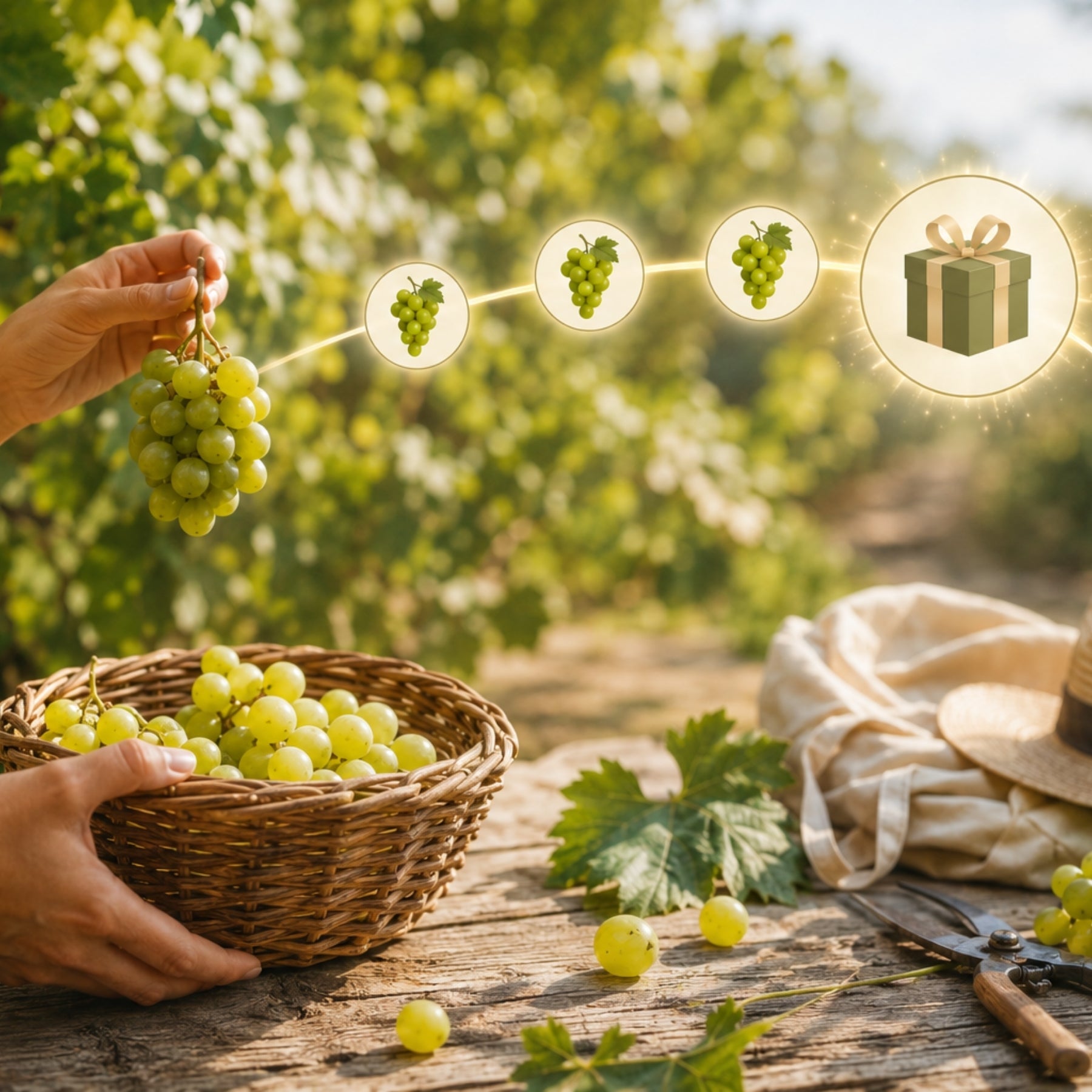 Hände ernten Riesling-Trauben im Korb mit Geschenk-Icon – Bio-Geschenkset mit dieNikolai Demeter Traubenkosmetik aus der Wachau