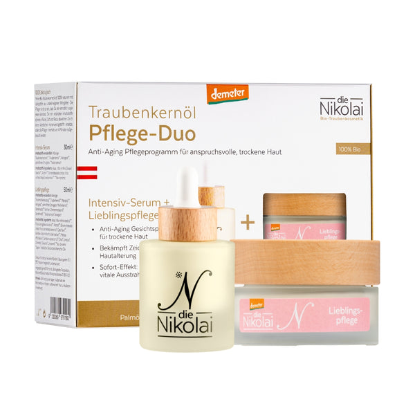 dieNikolai Traubenkernöl Pflege-Duo mit Intensiv-Serum und Lieblingspflege im Set – Anti-Aging Pflegeprogramm Demeter Bio-Traubenkosmetik für trockene Haut