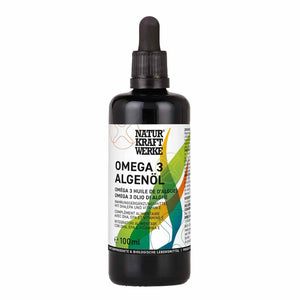 NaturKraftWerke Omega 3 Algenöl 100 ml in dunkler Pipettenflasche – pflanzliches Nahrungsergänzungsmittel mit DHA und EPA im dieNikolai Sortiment