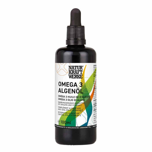 NaturKraftWerke Omega 3 Algenöl 100 ml in dunkler Pipettenflasche – pflanzliches Nahrungsergänzungsmittel mit DHA und EPA im dieNikolai Sortiment