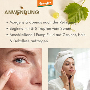 Anwendungs-Infografik mit Augenpartie und Frau mit Handtuch-Turban – Pflegeritual mit Serum und Fluid von dieNikolai Demeter Bio-Traubenkosmetik aus der Wachau