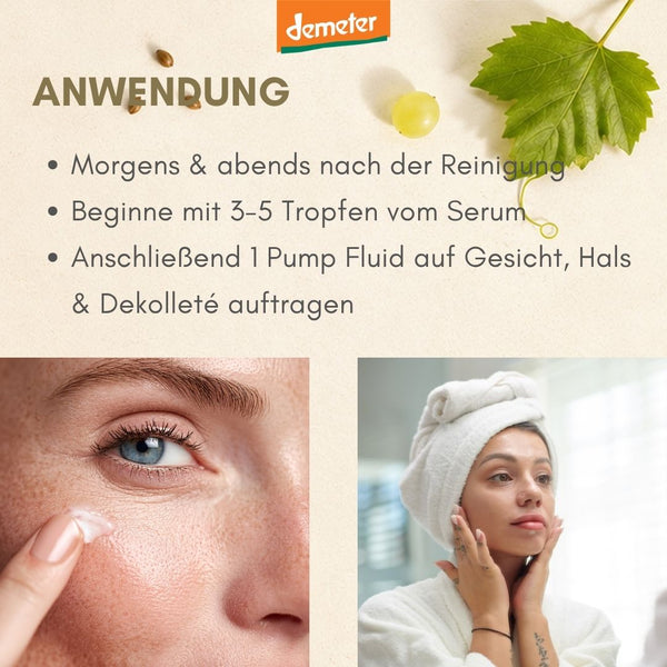 Anwendungs-Infografik mit Augenpartie und Frau mit Handtuch-Turban – Pflegeritual mit Serum und Fluid von dieNikolai Demeter Bio-Traubenkosmetik aus der Wachau