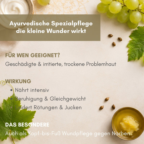 Flatlay-Infografik mit Trauben, Weinblättern und Ghee – ayurvedische Spezialpflege von dieNikolai für geschädigte Problemhaut, Demeter Bio-Naturkosmetik