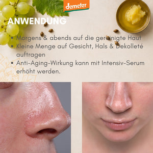 Anwendungs-Infografik mit zwei Nasen-Closeups vorher-nachher, Demeter-Logo und Trauben – Anwendung der Anti-Aging Pflege von dieNikolai Bio-Traubenkosmetik