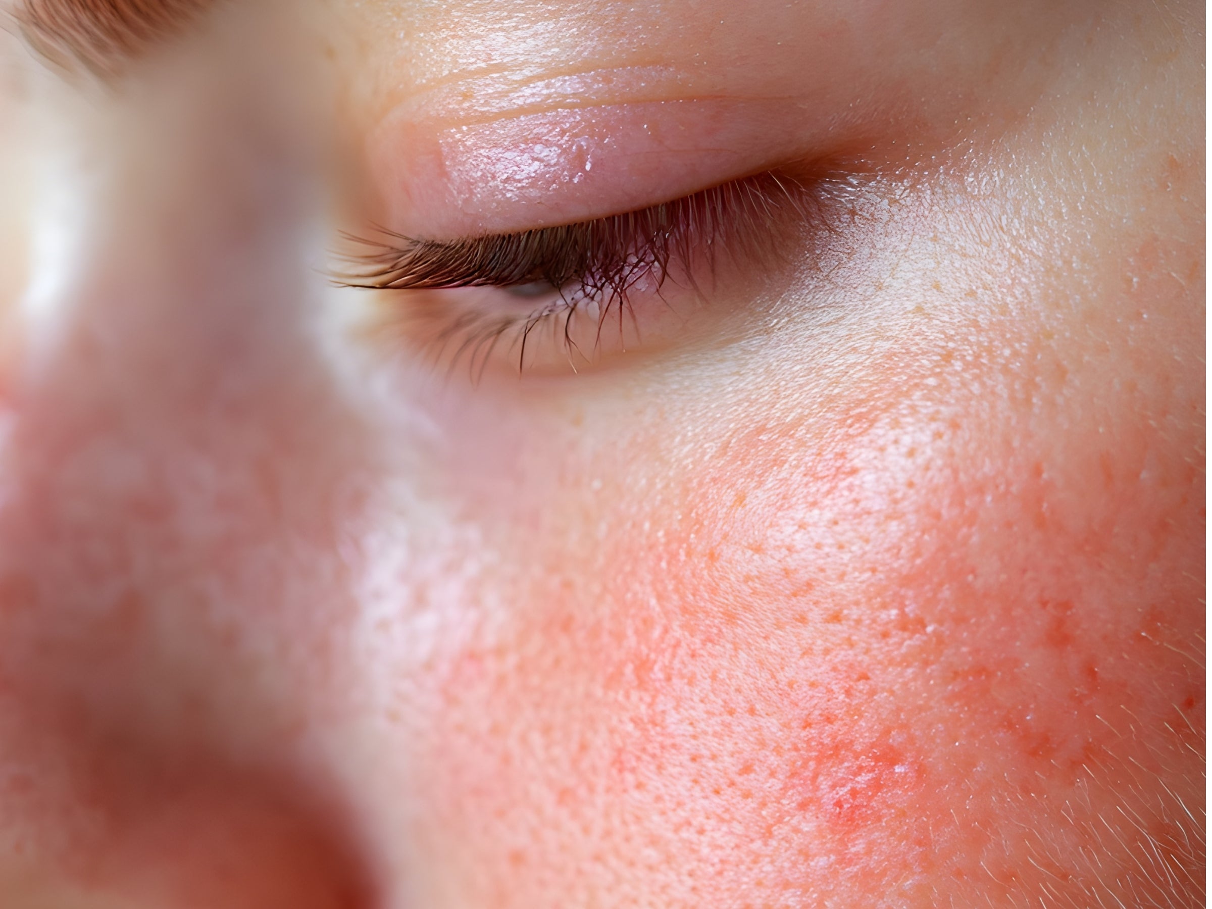 Detailaufnahme einer geröteten Wange mit erweiterten Poren neben dem Auge – sensible Haut als Pflegefokus der dieNikolai Bio-Traubenkosmetik aus der Wachau