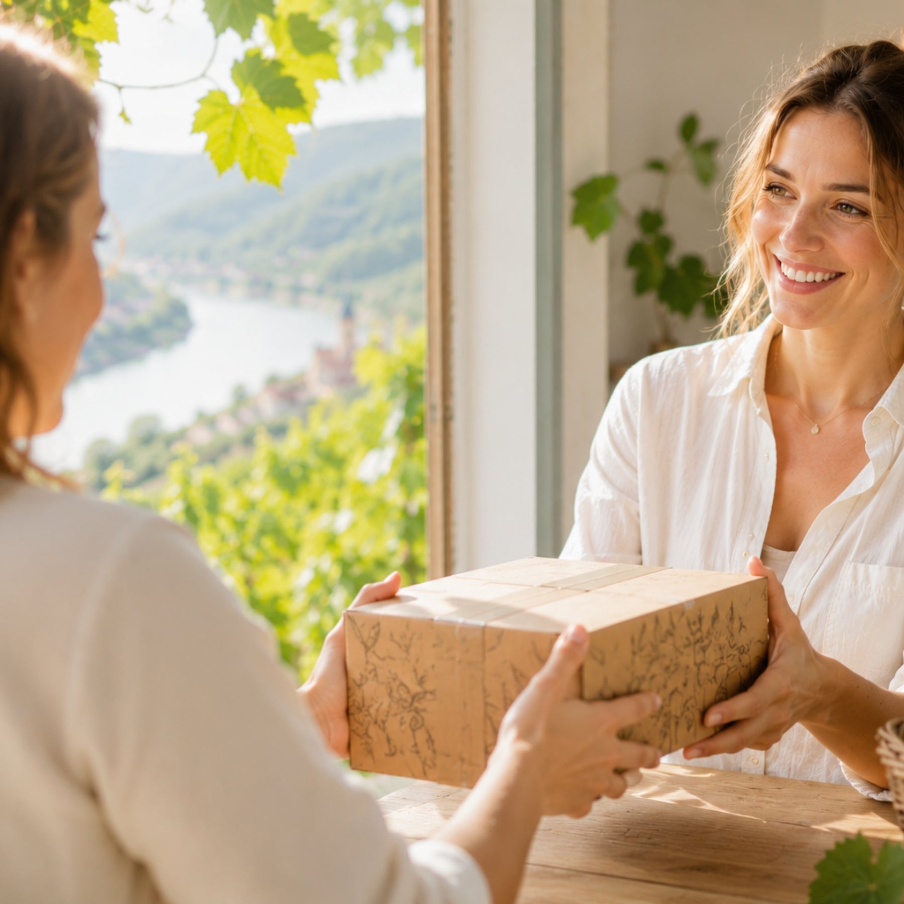 Sonniger Moment Paketübergabe mit Wachau-Donaupanorama im Hintergrund – persönlicher Versand der dieNikolai Demeter Bio-Traubenkosmetik aus Österreich