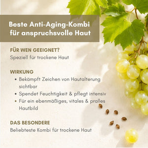 Infografik beste Anti-Aging-Kombi für anspruchsvolle Haut mit grünen Trauben und Weinlaub – dieNikolai Pflegeduo, Demeter Bio-Traubenkosmetik aus der Wachau