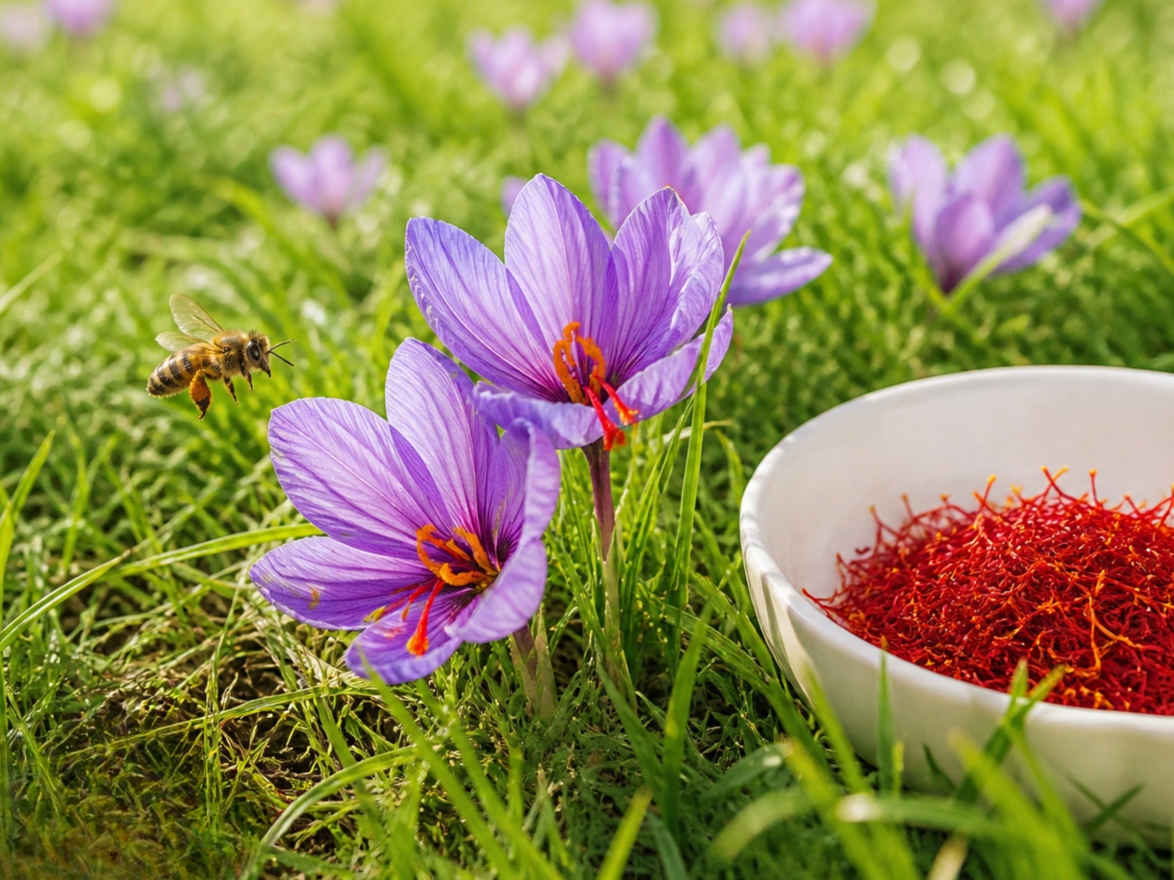 Violette Safrankrokusse mit Biene auf der Wiese, Schale mit roten Safranfäden – kostbarer Safran als Hauptzutat der dieNikolai Demeter Bio-Traubenkosmetik aus der Wachau