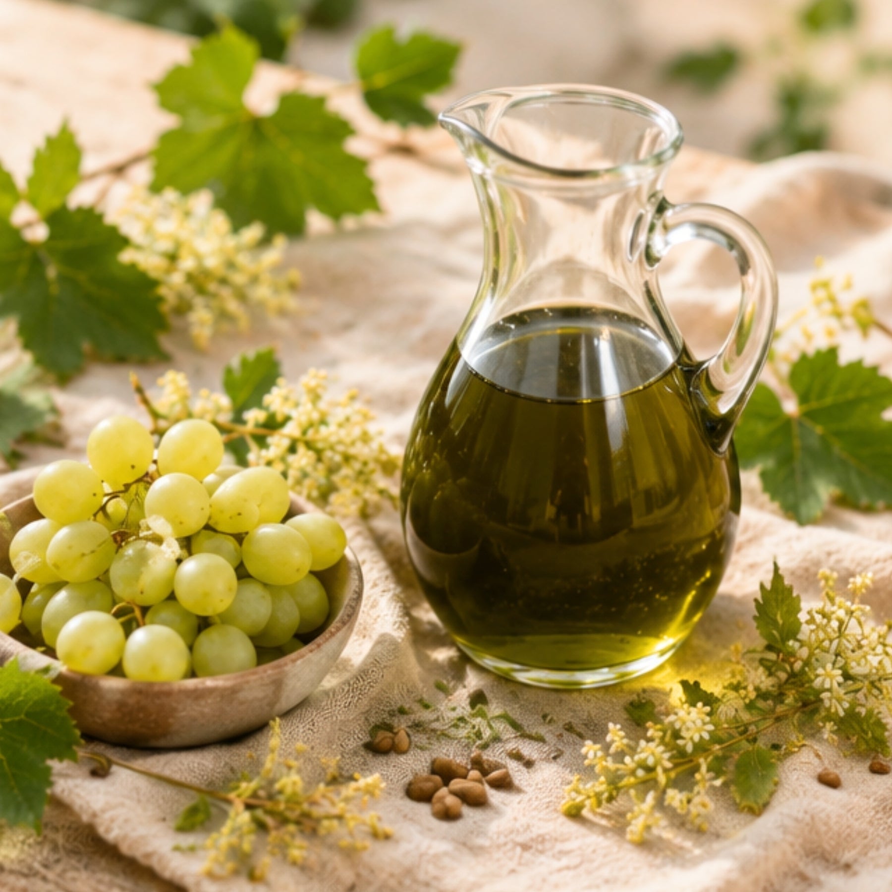 Stilllebenfotografie mit Karaffe Traubenkernöl, Schale grüner Trauben und Holunderblüten auf Leinen – Naturzutaten der dieNikolai Bio-Traubenkosmetik aus der Wachau