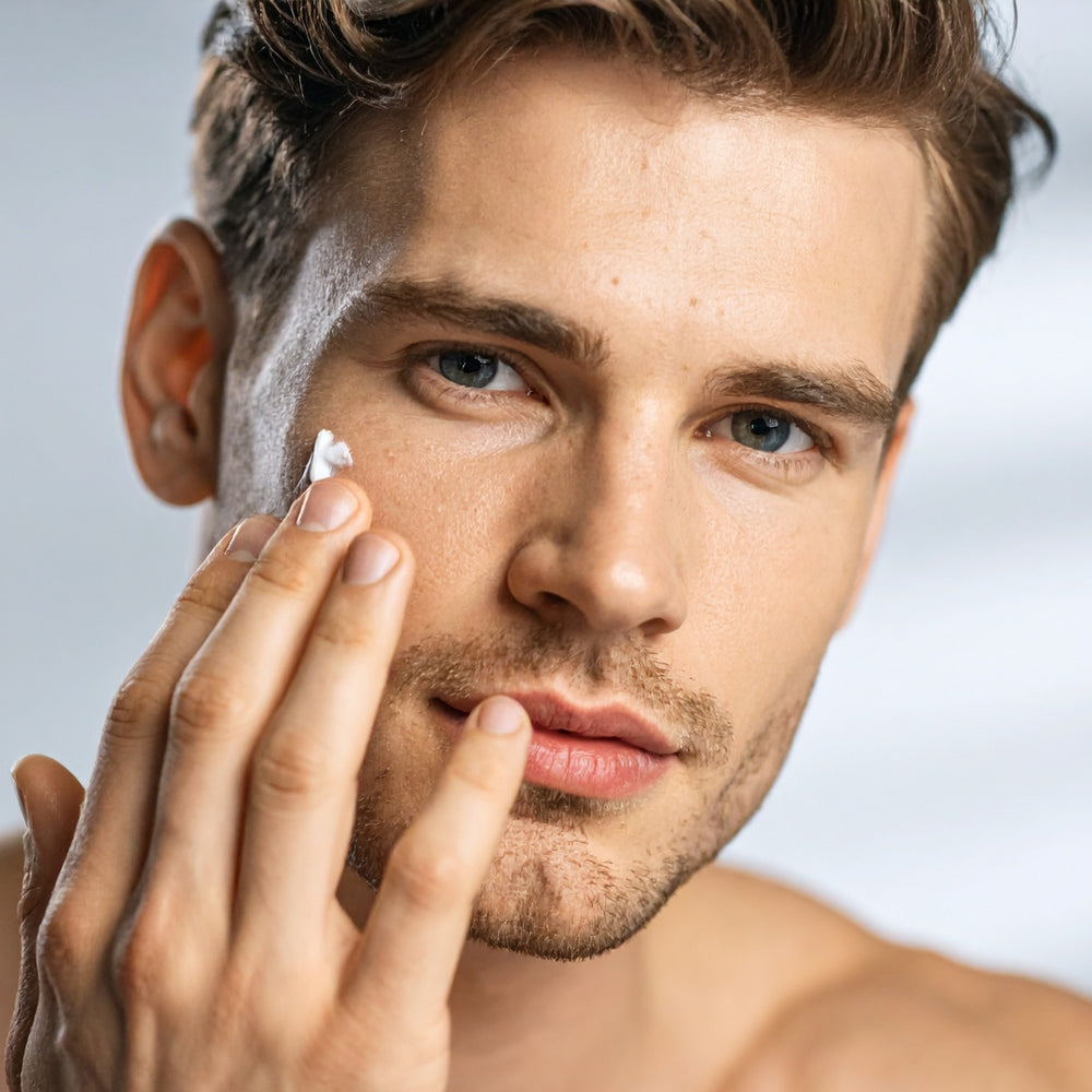 Junger Mann mit Bart trägt mit dem Finger Pflegecreme auf die Wange auf – natürliche Männerpflege mit dieNikolai Demeter Bio-Traubenkosmetik aus der Wachau