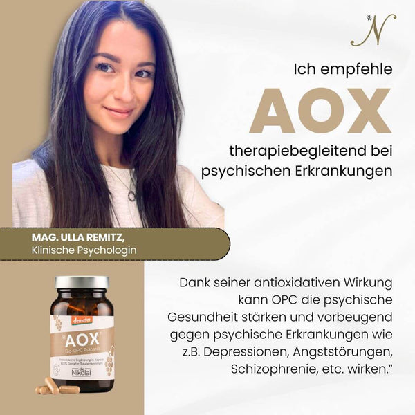 Empfehlung Mag. Ulla Remitz Klinische Psychologin für dieNikolai AOX Bio-OPC-Präparat – Demeter Traubenkernmehl-Kapseln therapiebegleitend aus Österreich