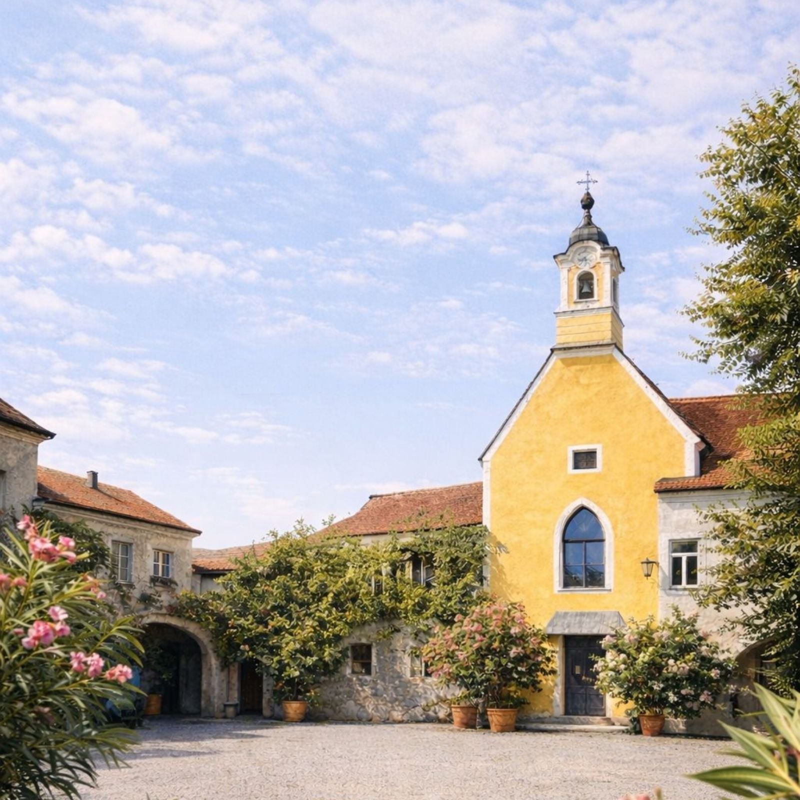 Sonniger Innenhof des Nikolaihofs Wachau mit gelber Kapelle, Oleander und Weinreben – Heimat von dieNikolai Demeter Bio-Traubenkosmetik aus Österreich
