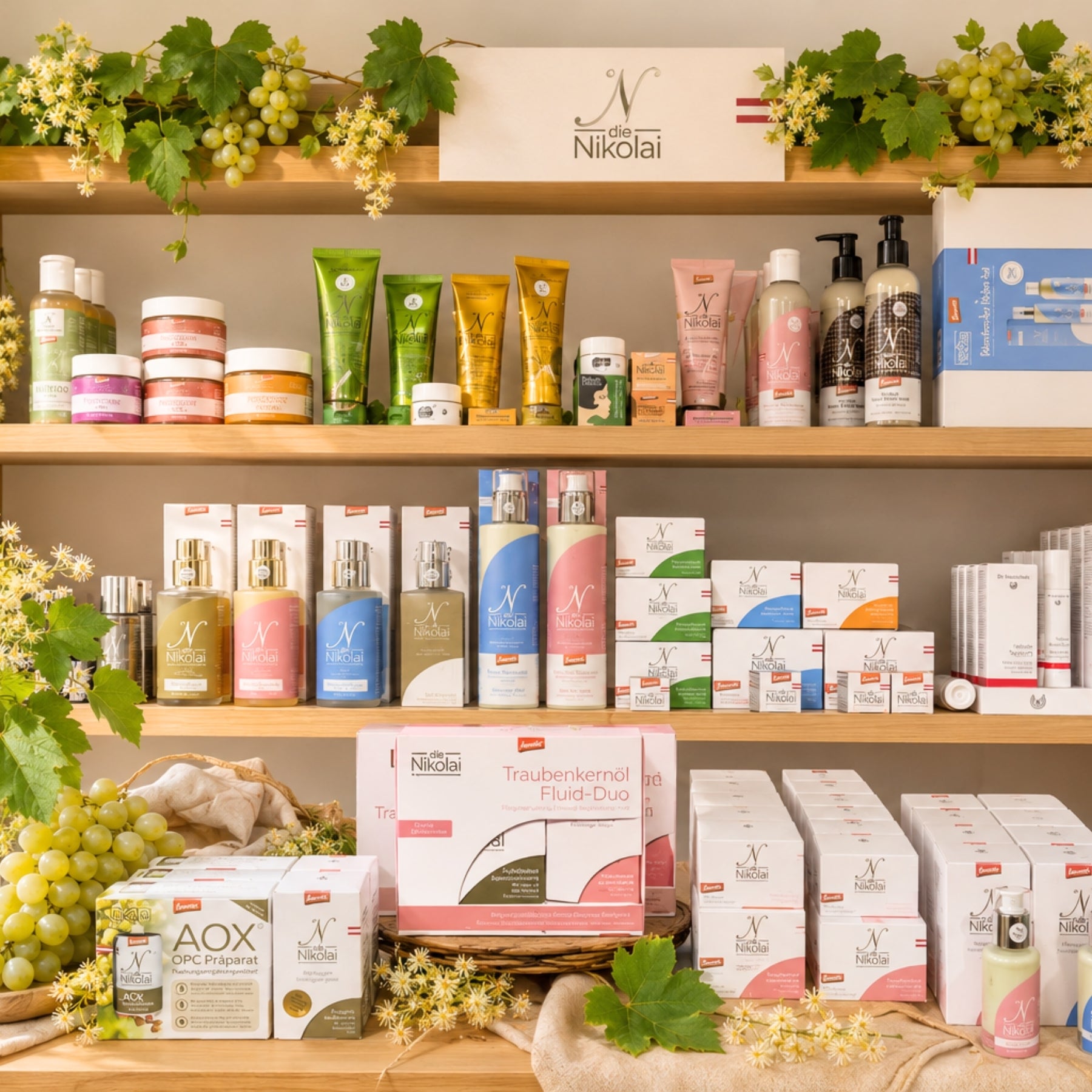 Ladenregal mit dem gesamten dieNikolai Sortiment – Traubenkernöl Fluid-Duo, AOX OPC-Präparat, Seren und Cremes umrahmt von Weinreben – Bio-Traubenkosmetik aus der Wachau