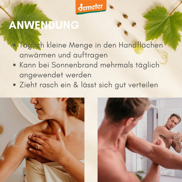 Anwendungs-Infografik dieNikolai After-Sun-Pflege mit Frau und Mann nach der Dusche – täglich auftragen, kann bei Sonnenbrand verwendet werden, Demeter Bio