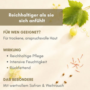 Infografik dieNikolai Reichhaltige Körper-Milch mit Weinblatt, Trauben und Safran-Fäden – intensive Bio-Pflege für trockene Haut mit Weihrauch aus der Wachau