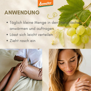 Anwendungs-Infografik mit Bein- und Schulter-Closeups, Trauben und Demeter-Logo – tägliche Körperpflege-Routine mit dieNikolai Bio-Traubenkosmetik