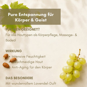 Infografik pure Entspannung für Körper und Geist mit Mandeln und Trauben – Körperöl mit Lavendel-Duft von dieNikolai, Demeter Bio-Traubenkosmetik aus der Wachau
