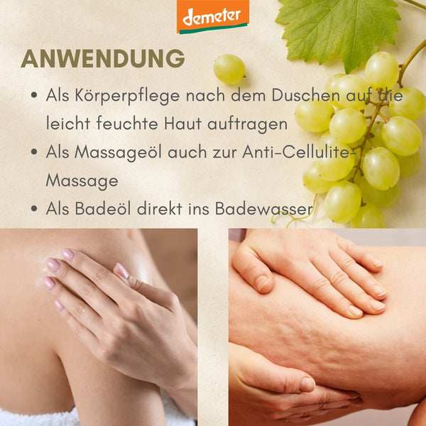 Anwendungs-Infografik mit Bein- und Massage-Closeups und Demeter-Logo – vielseitige Körperöl-Anwendung der dieNikolai Bio-Traubenkosmetik aus der Wachau