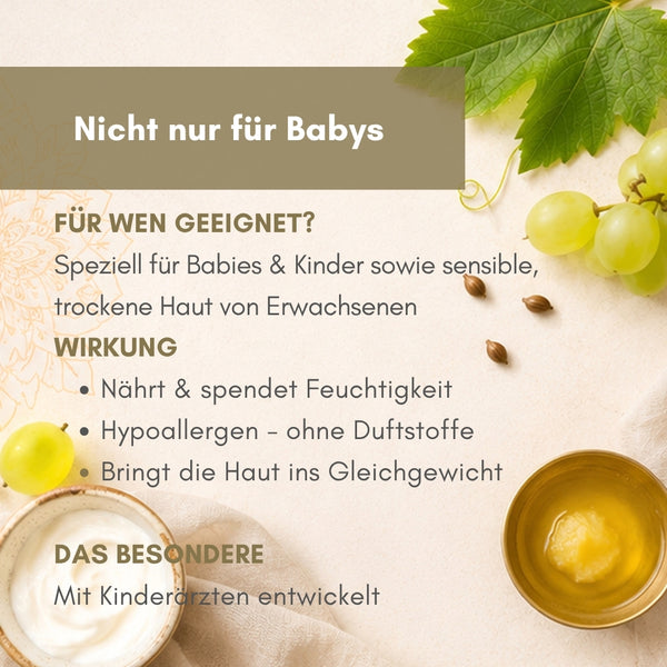 Produkt-Infografik Nicht nur für Babys mit Weinblatt, grünen Trauben und Demeter-Sahne – sanfte hypoallergene Bio-Pflege der dieNikolai Baby & Kids Linie