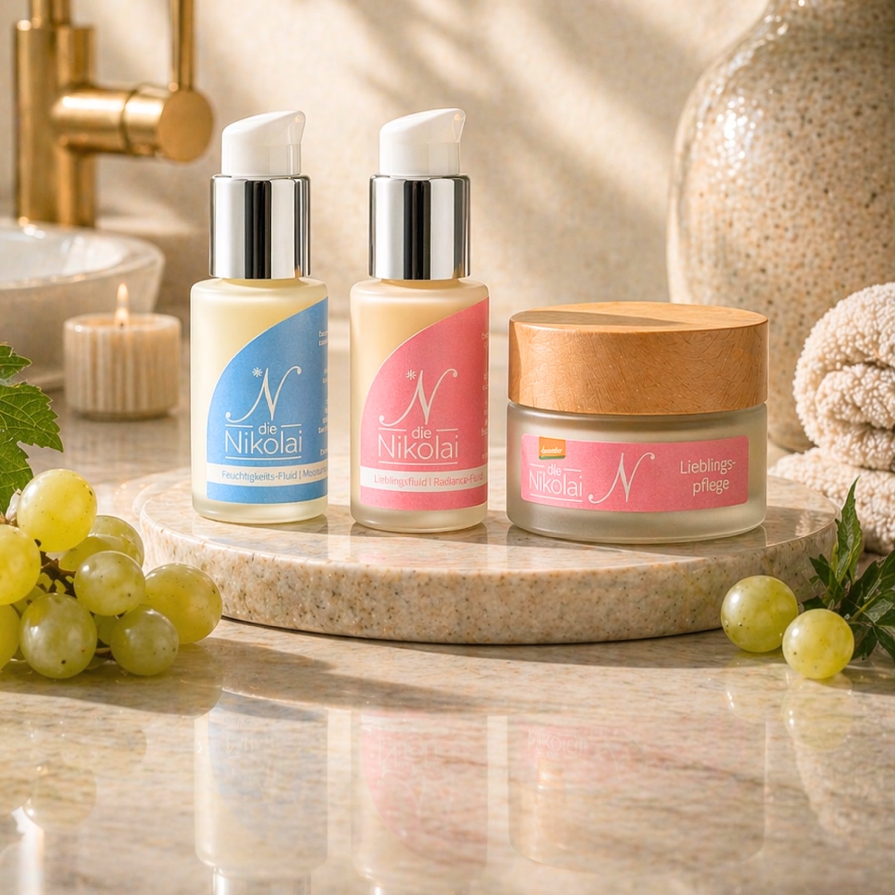dieNikolai Feuchtigkeits-Fluid, Lieblingsfluid und Lieblingspflege auf Marmorablage mit grünen Trauben und Weinlaub – Demeter Bio-Traubenkosmetik aus der Wachau