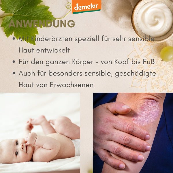 Anwendungs-Infografik mit Baby und Closeup geröteter Erwachsenenhaut, Demeter-Logo – Anwendung der hypoallergenen dieNikolai Baby & Kids Pflege