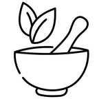 Schwarz-weißes Icon einer Mörserschale mit Stößel und Blättern – Symbol für natürliche Inhaltsstoffe der dieNikolai Demeter Bio-Naturkosmetik