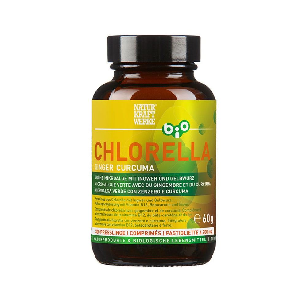 NaturKraftWerke Chlorella Ginger Curcuma 60g grüne Mikroalge-Presslinge im Braunglas – Bio-Nahrungsergänzung mit Vitamin B12 erhältlich bei dieNikolai