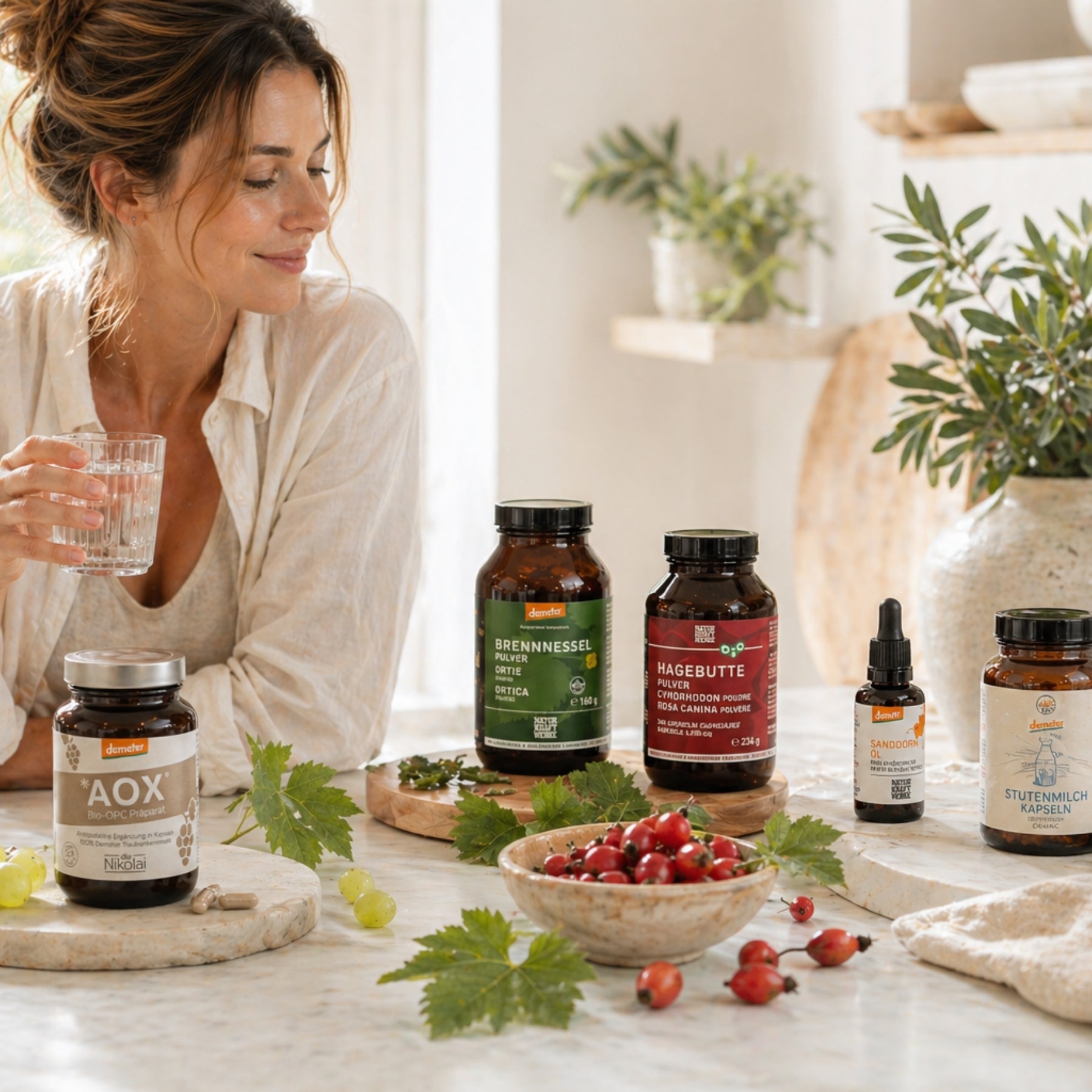 Frau am Tisch mit dieNikolai AOX Bio-OPC und NaturKraftWerke Brennnessel-, Hagebutte- und Stutenmilch-Präparaten – Health & Wellness-Sortiment bei dieNikolai