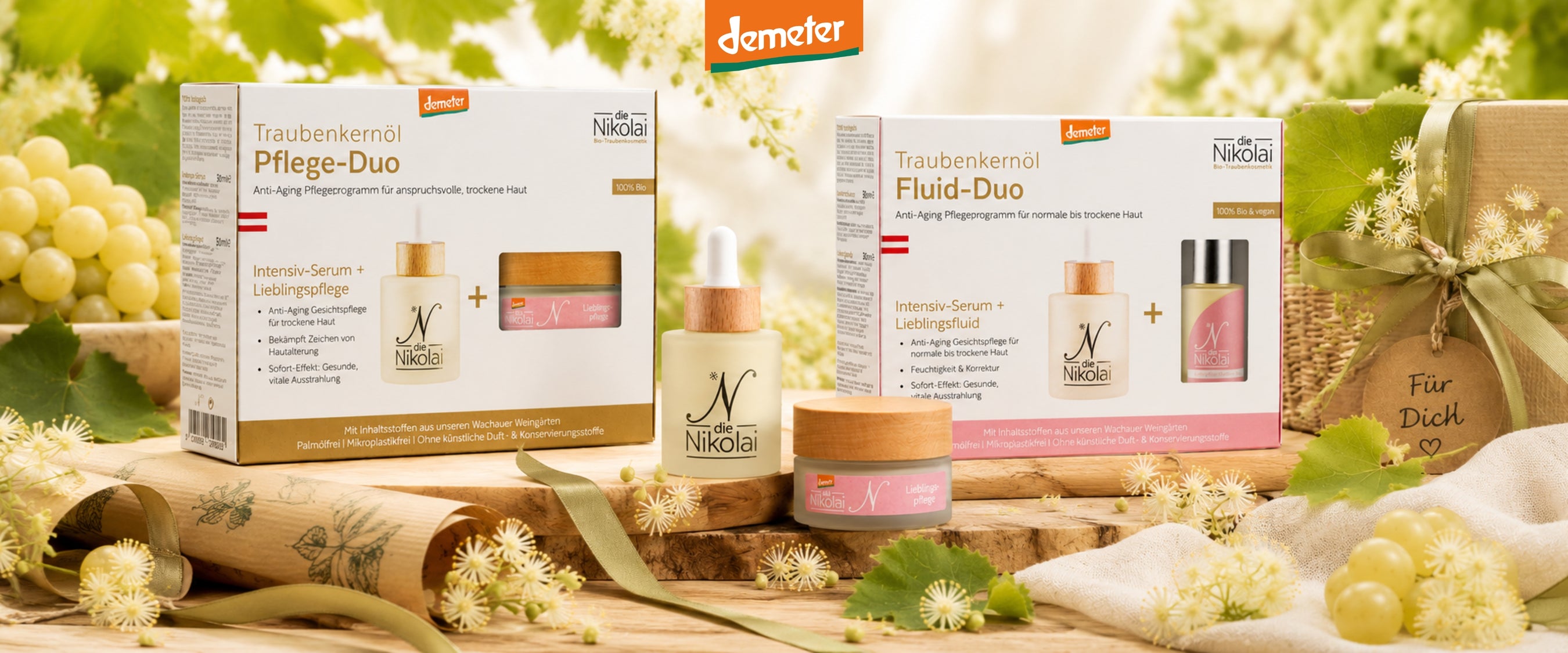 dieNikolai Traubenkernöl Pflege-Duo und Fluid-Duo Geschenksets mit Schleife und Lindenblüten – vegane Demeter Bio-Traubenkosmetik aus der Wachau