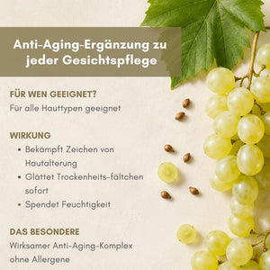 Produkt-Infografik Anti-Aging-Ergänzung zu jeder Gesichtspflege mit Weinblatt und grünen Trauben – Intensiv-Serum der dieNikolai Bio-Traubenkosmetik