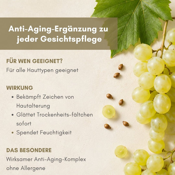 Produkt-Infografik Anti-Aging-Ergänzung zu jeder Gesichtspflege mit Weinblatt und grünen Trauben – Intensiv-Serum der dieNikolai Bio-Traubenkosmetik