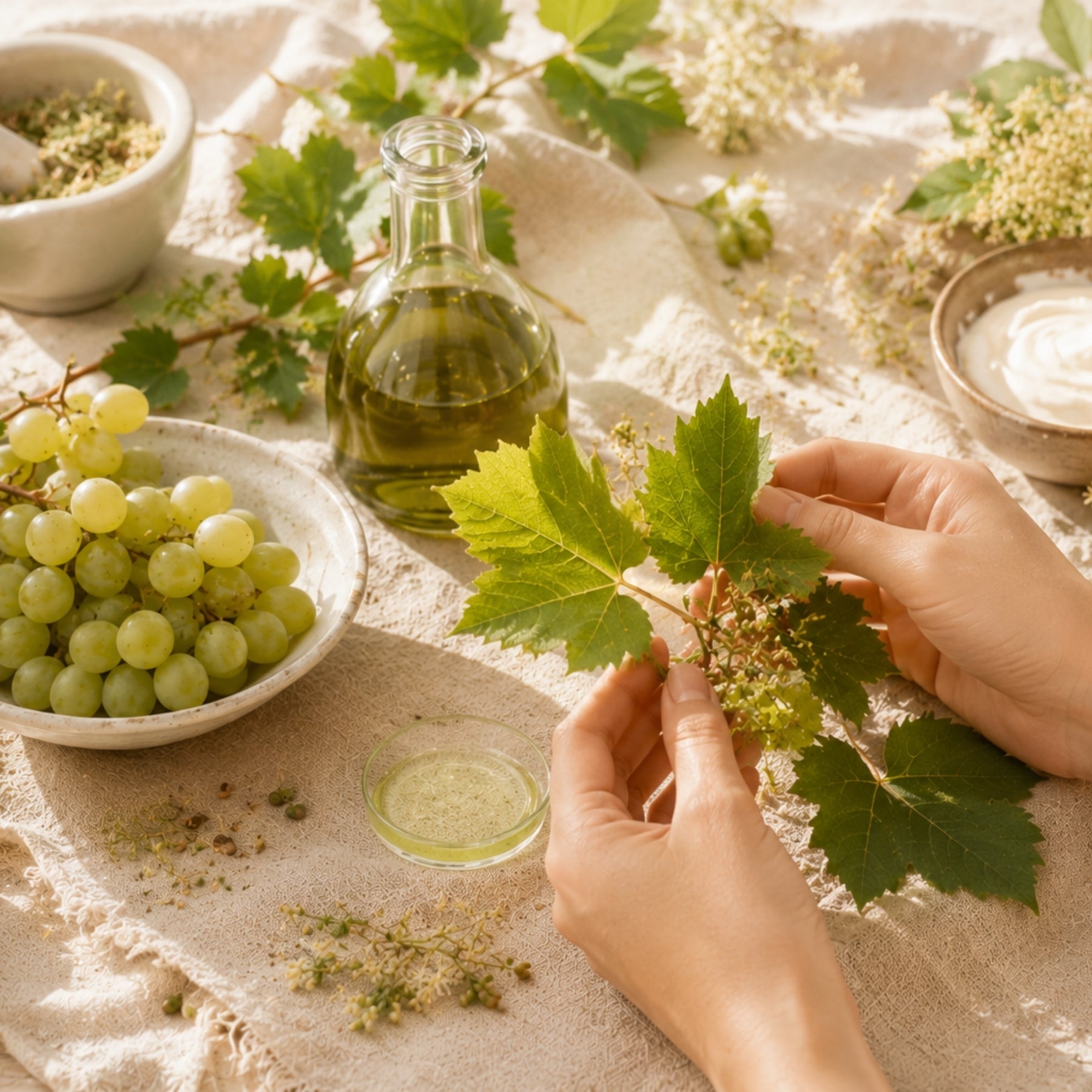 Hände arrangieren Weinlaub neben Schale mit grünen Trauben, Karaffe mit Traubenkernöl und Holunderblüten – Rohstoffe der dieNikolai Bio-Traubenkosmetik aus der Wachau