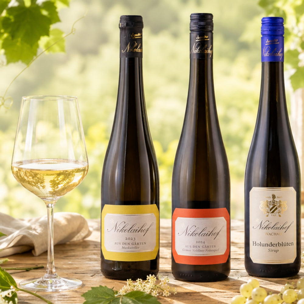 Drei Nikolaihof Wachau Demeter-Weine Muskateller, Grüner Veltliner Federspiel und Holunderblütensirup neben Weinglas im Weingarten – Genuss aus der Wachau, im dieNikolai Sortiment