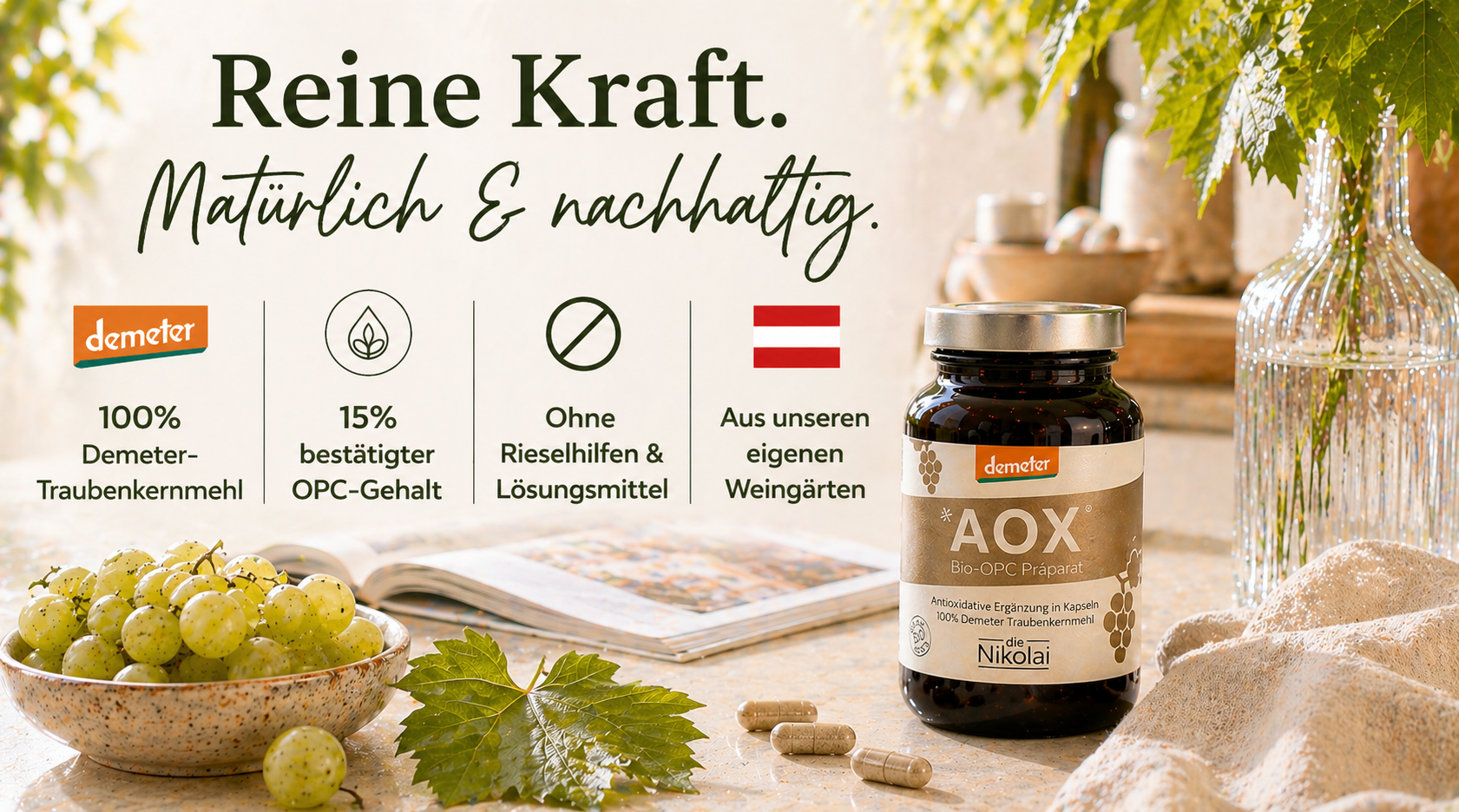 Mobil-Banner Reine Kraft. Natürlich & nachhaltig. mit AOX Bio-OPC-Präparat, Trauben und Demeter-Siegel – antioxidative Ergänzung aus dem dieNikolai Sortiment