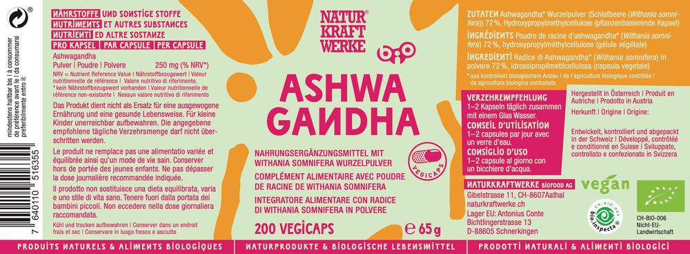 NaturKraftWerke Ashwagandha 200 Vegicaps Braunglas mit pinkem Etikett – ayurvedisches Bio-Nahrungsergänzungsmittel erhältlich bei dieNikolai