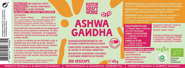 Etikett des NaturKraftWerke Bio Ashwagandha Wurzelpulvers in Kapseln, vegan und Demeter-zertifiziert – Nahrungsergänzung im dieNikolai Sortiment